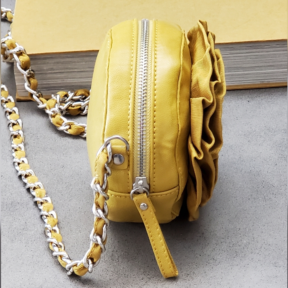 Chocolate New York Rosette Crossbody Mini Bag, Mustard, Silver Chain, EUC - Picture 8 of 16
